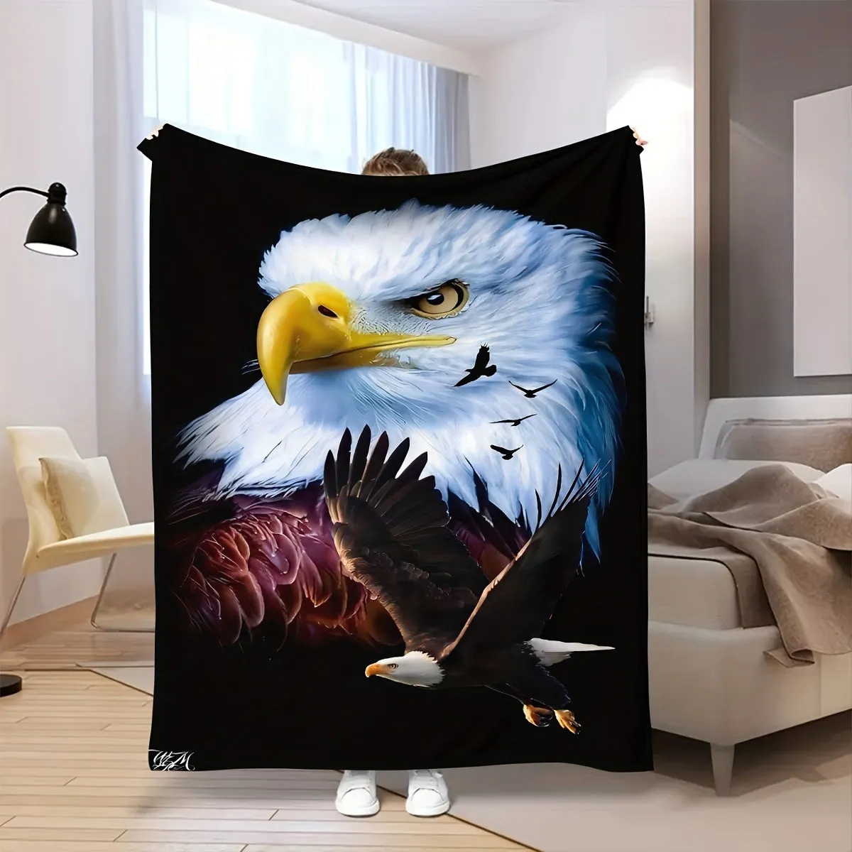 1pc Cozy Eagle Printed Flannel Blanket - Soft, Warm, and Plush for Snuggling Up on Sofa, Bed, Car, Office, or Camping - Perfect for Chilly Nights and Outdoor Adventures