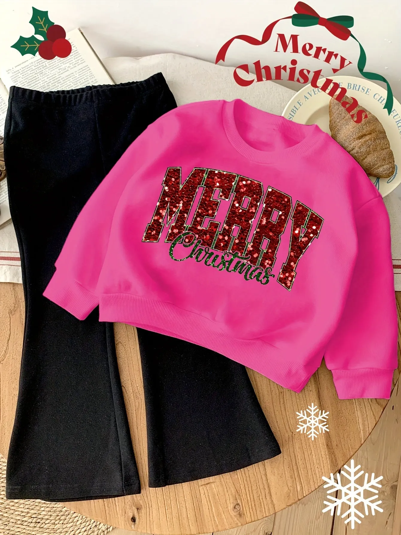 2-Piece Girl's Fashion Merry Christmas Letter Print Sweatshirt And Flared Pants Set - Casual Style, Autumn/Winter Outdoor Outfit