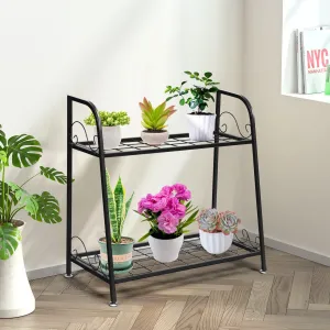 2-tier Metal Flowerpot Organizer Rack for Patio Garden Balcony