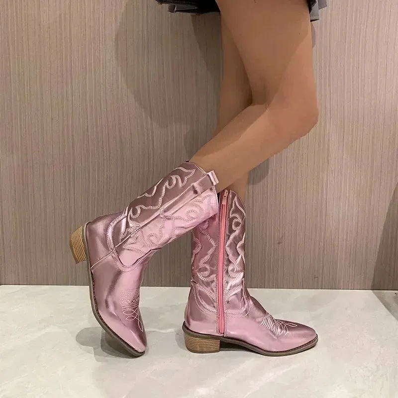 2024 Metallic Cowboy Fashion Boots Gold Silver Pink Calf High Boots For Women