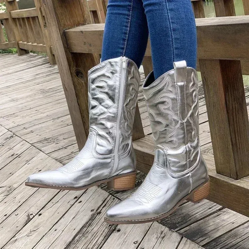 2024 Metallic Cowboy Fashion Boots Gold Silver Pink Calf High Boots For Women