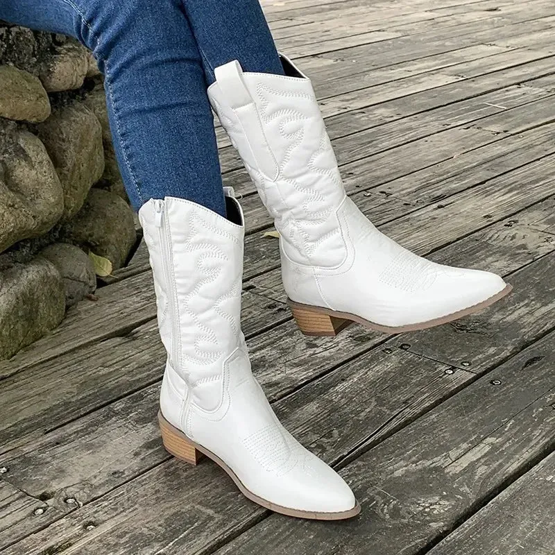 2024 Metallic Cowboy Fashion Boots Gold Silver Pink Calf High Boots For Women