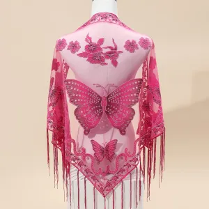 29.5"×55.1" Elegant Triangle Shawl - Breathable, Windproof, and Embroidered with Butterfly Flower Lace - Stylish Outdoor Accessory for Women