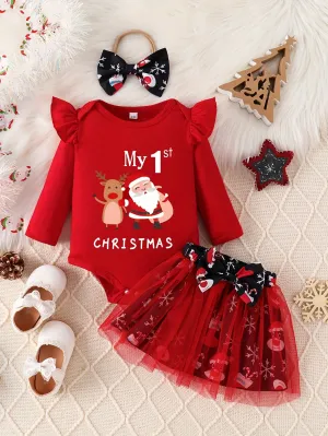 2pcs Baby's "My 1st Christmas" Cartoon Santa Elk Print Bodysuit   Hairband   Mesh Splicing Skirt, Toddler & Infant Girl's Clothing Set, Outdoor Cloth