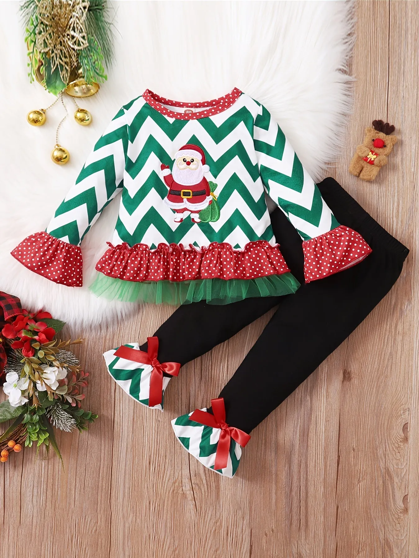 2pcs Toddler Baby Girls Christmas outdoor Outfits Santa Long Sleeve Ruffle Top & Plaid Flared Pants Set