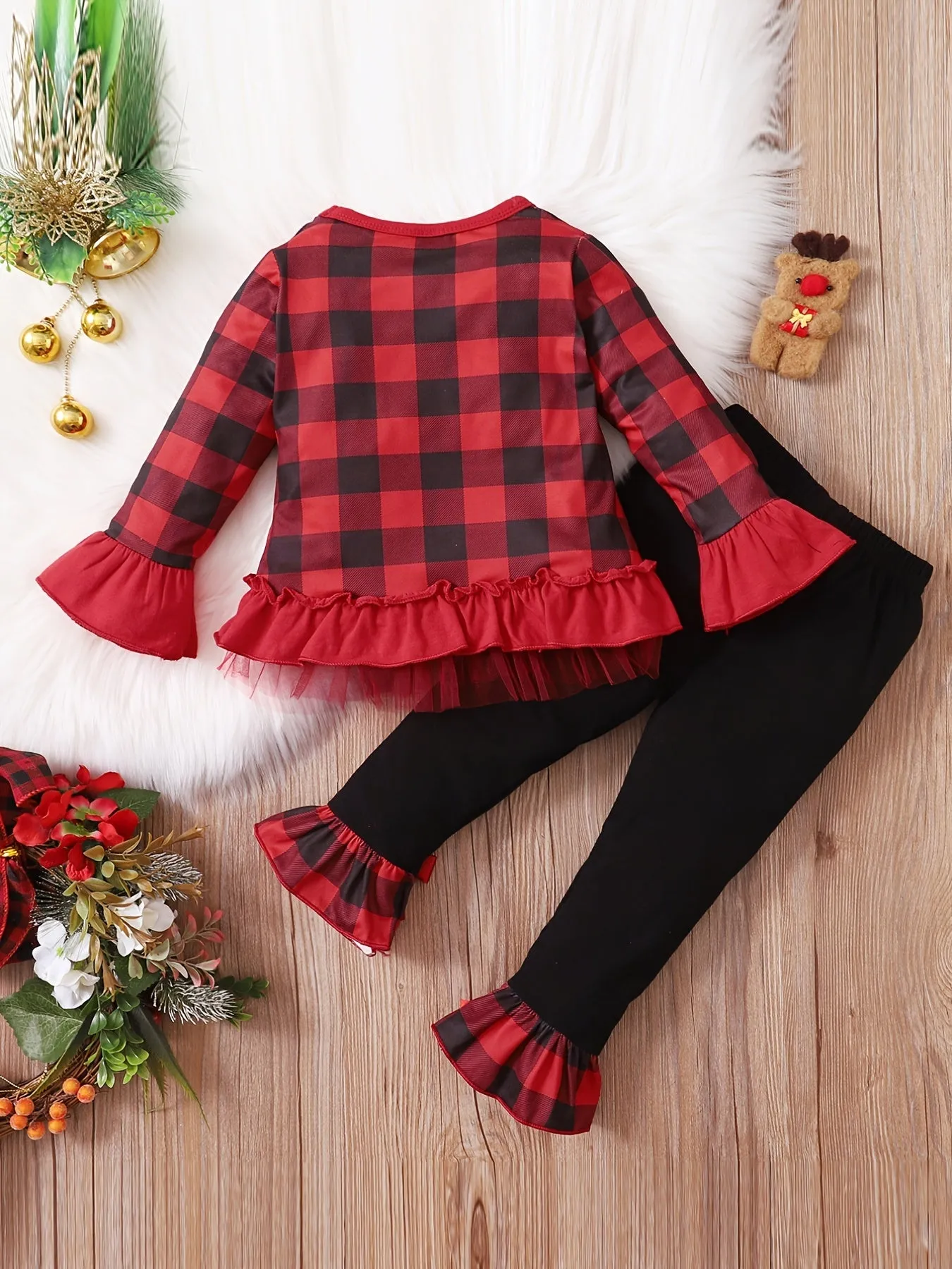 2pcs Toddler Baby Girls Christmas outdoor Outfits Santa Long Sleeve Ruffle Top & Plaid Flared Pants Set