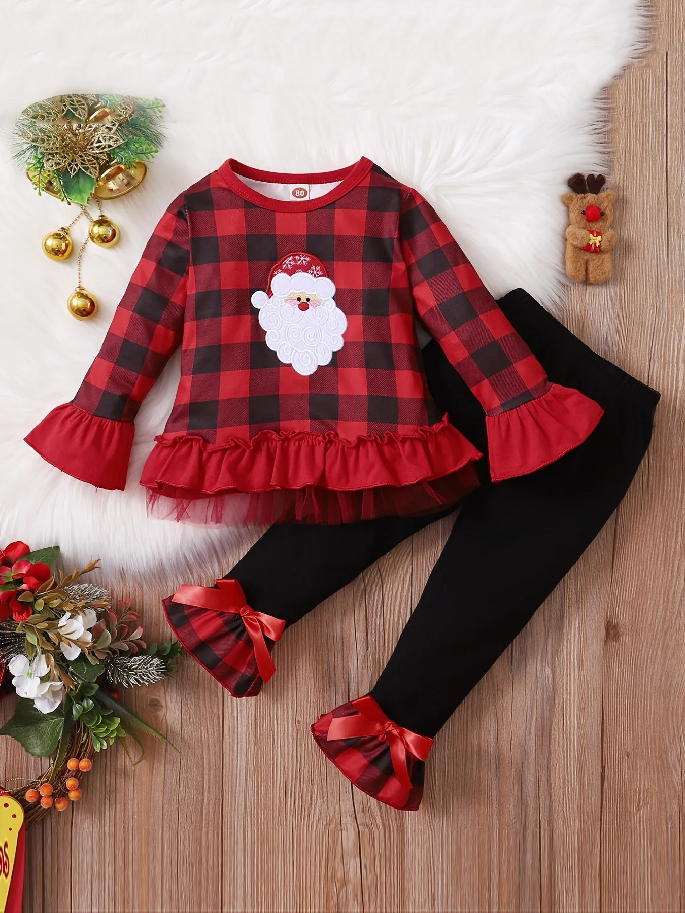 2pcs Toddler Baby Girls Christmas outdoor Outfits Santa Long Sleeve Ruffle Top & Plaid Flared Pants Set