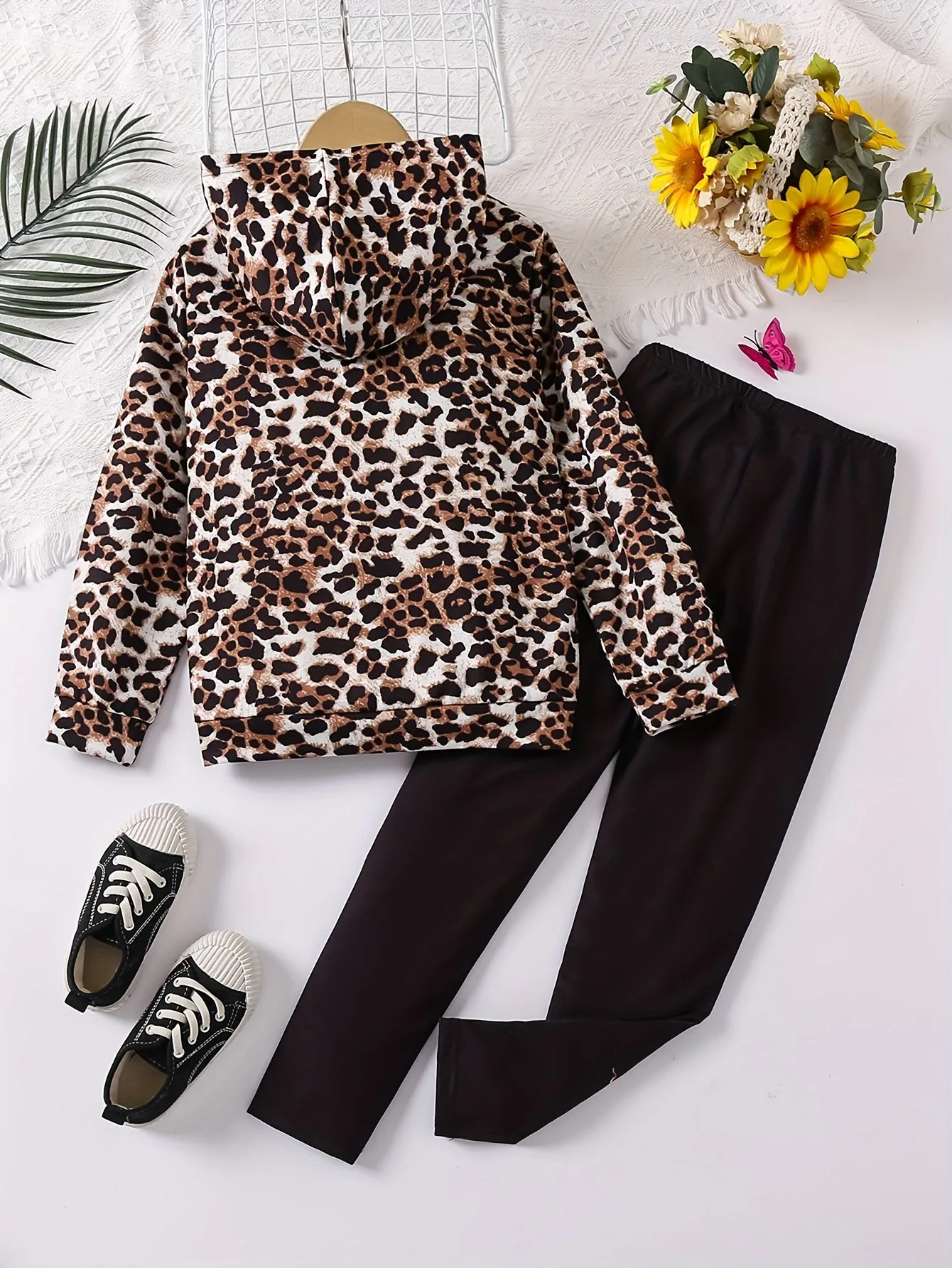 2pcs Yak Graphic Leopard Print Hoodies   Pants Outdoor Set for Girls