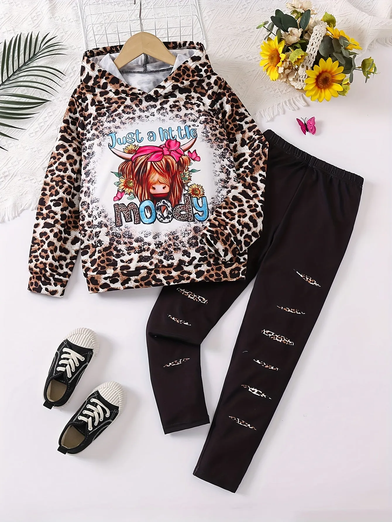 2pcs Yak Graphic Leopard Print Hoodies   Pants Outdoor Set for Girls