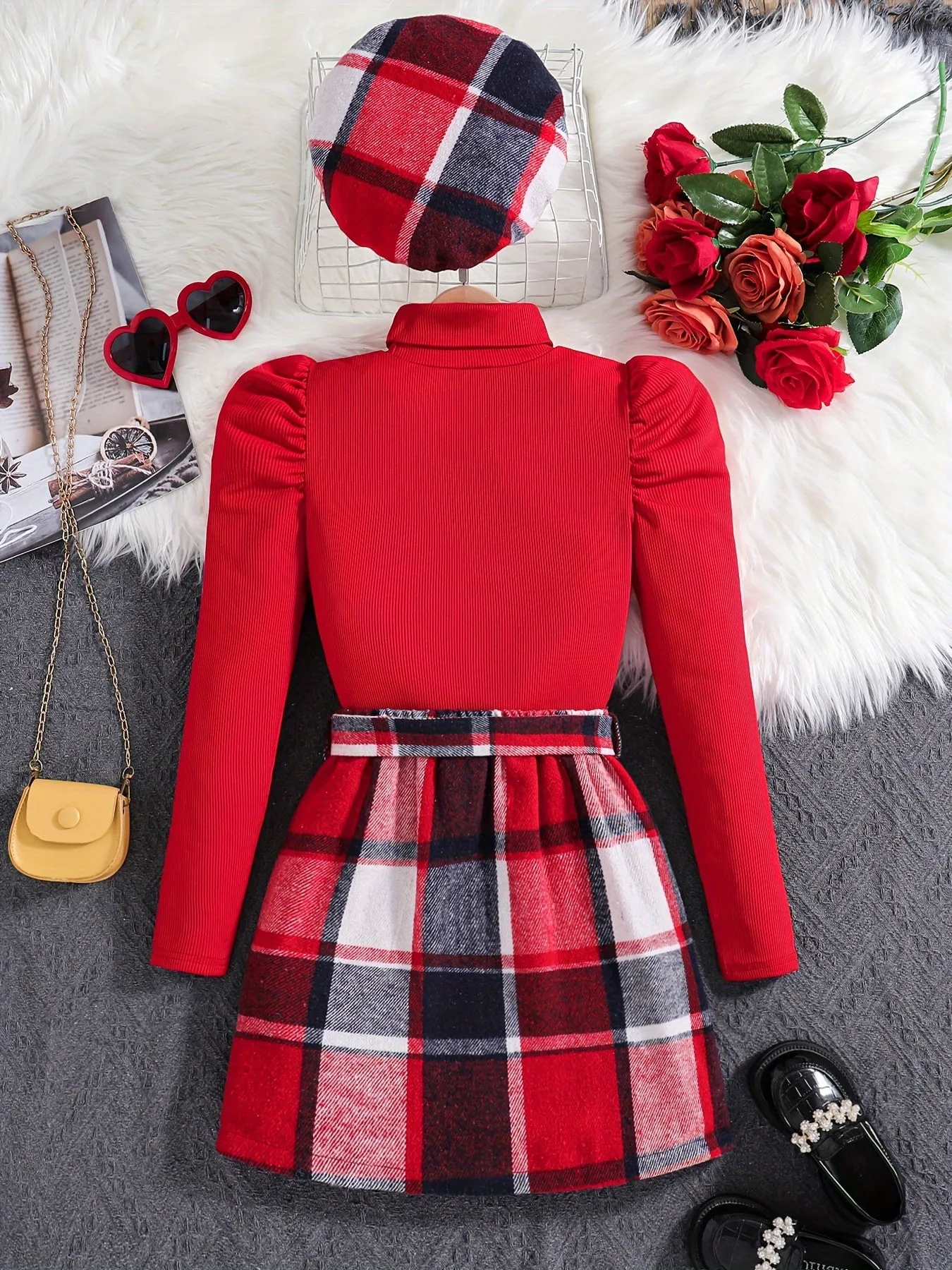 3-Piece Set Elegant Plaid Print Long Sleeve Top, Skirt & Hat for Winter/Fall Outdoor Clothes