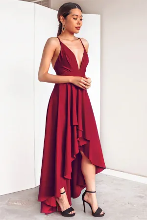 A Line High Low V Neck Backless Burgundy Prom Dresses,Satin Evening Dress