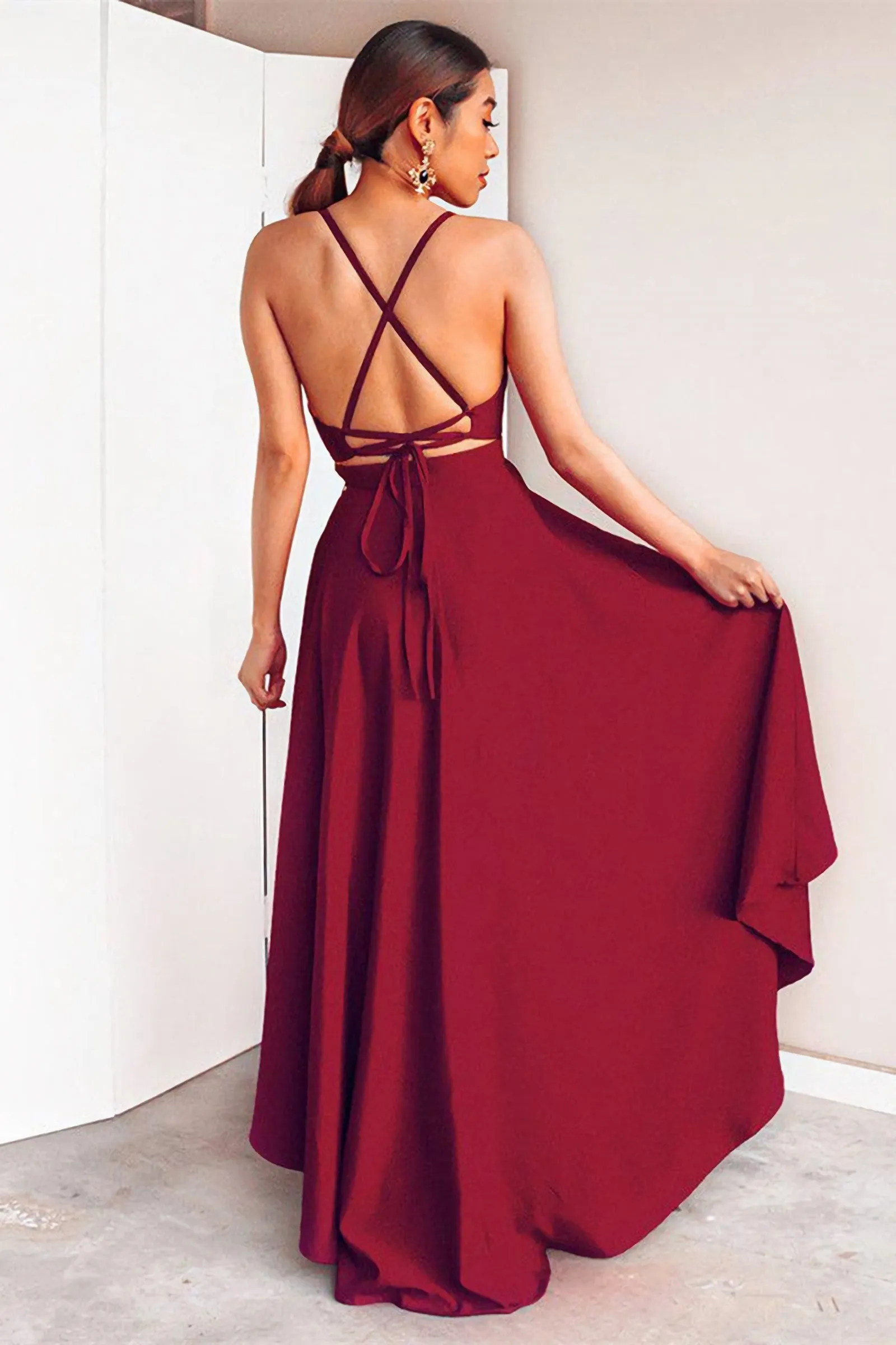 A Line High Low V Neck Backless Burgundy Prom Dresses,Satin Evening Dress