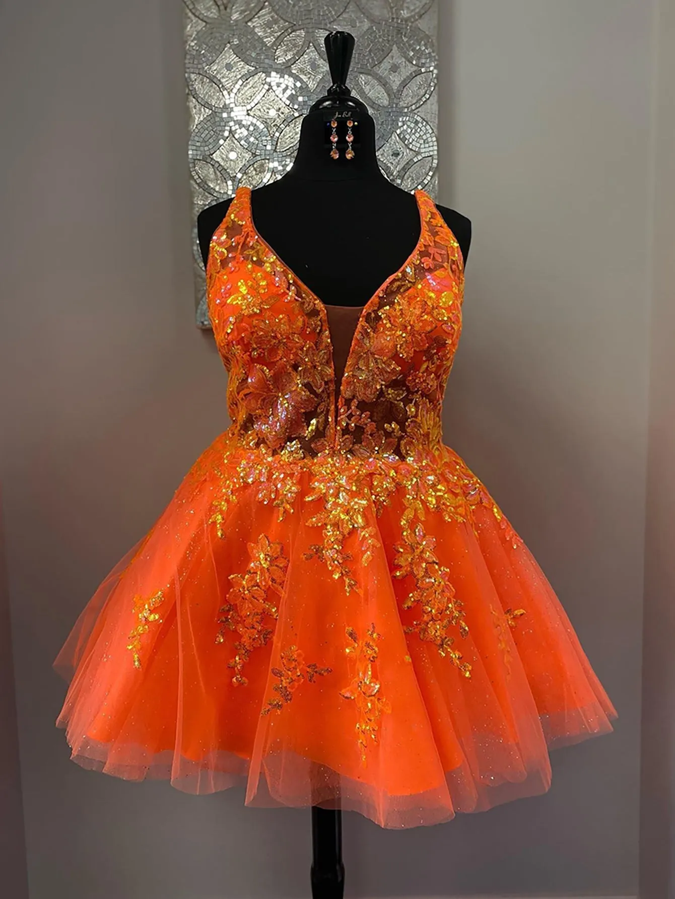 A-Line Orange V Neck Applique Short Homecoming Dress Formal Dresses