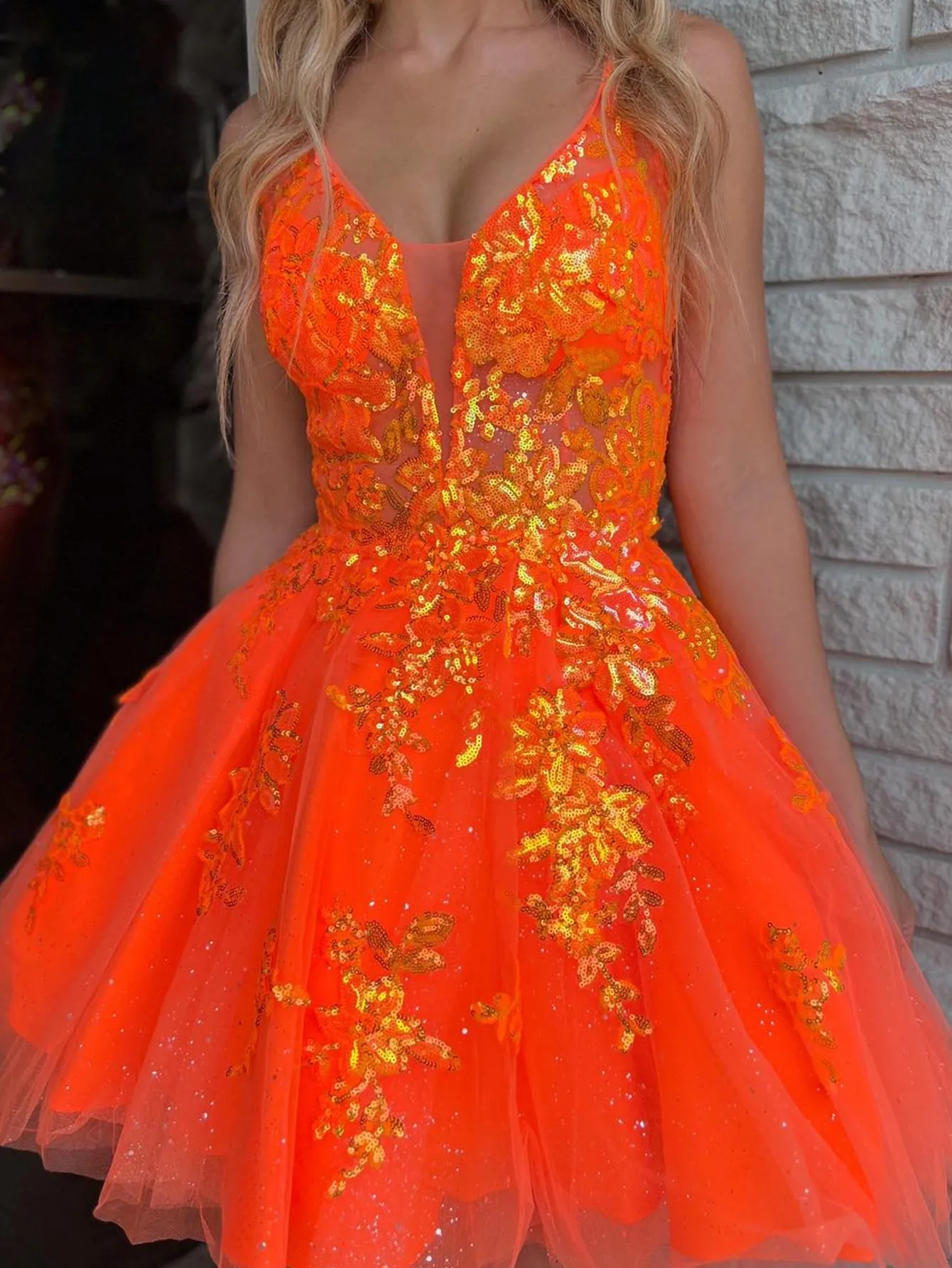 A-Line Orange V Neck Applique Short Homecoming Dress Formal Dresses