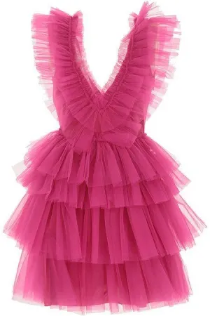 A Line Pink V Neck Tiered Homecoming Dress,Tulle Short Prom Party Dresses