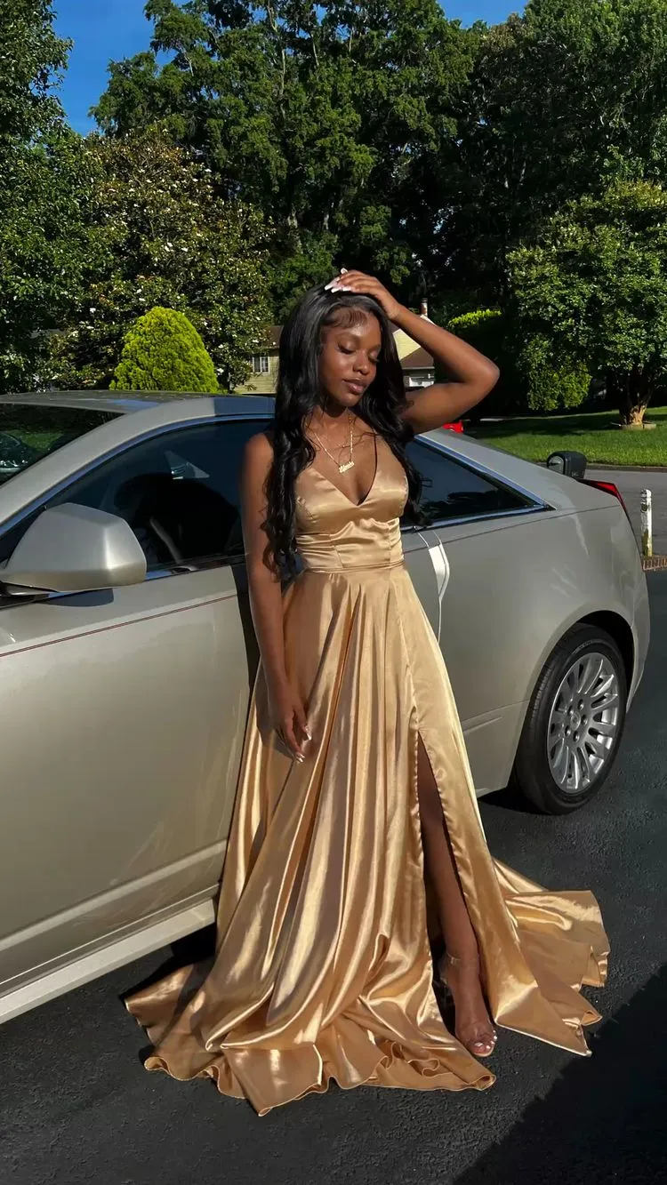 A Line V Neck Gold Sleeveless Satin Long Prom Dress,Formal Gown