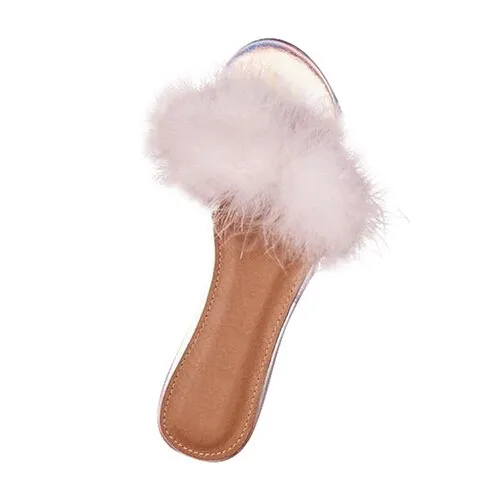 Amozae-Back to school   Summer Women Fur Slipper 2024 Woman Feather Slide Footwear Plush Non Slip Flat Shoes Female Outdoor Ladies Beach Shoe