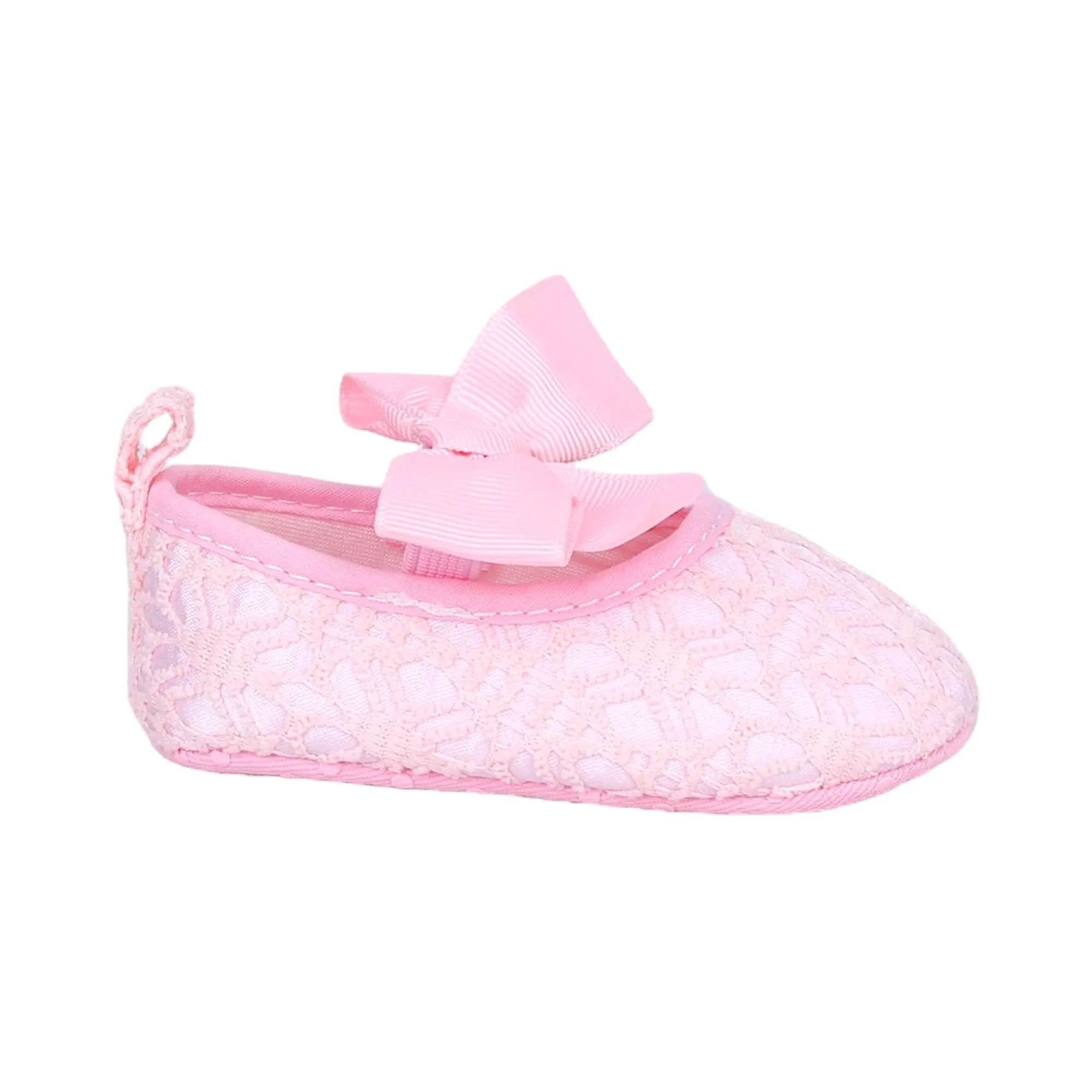 Baby Moo Big Bow Satin Lace Elastic Strap Ballerina Booties - Magenta