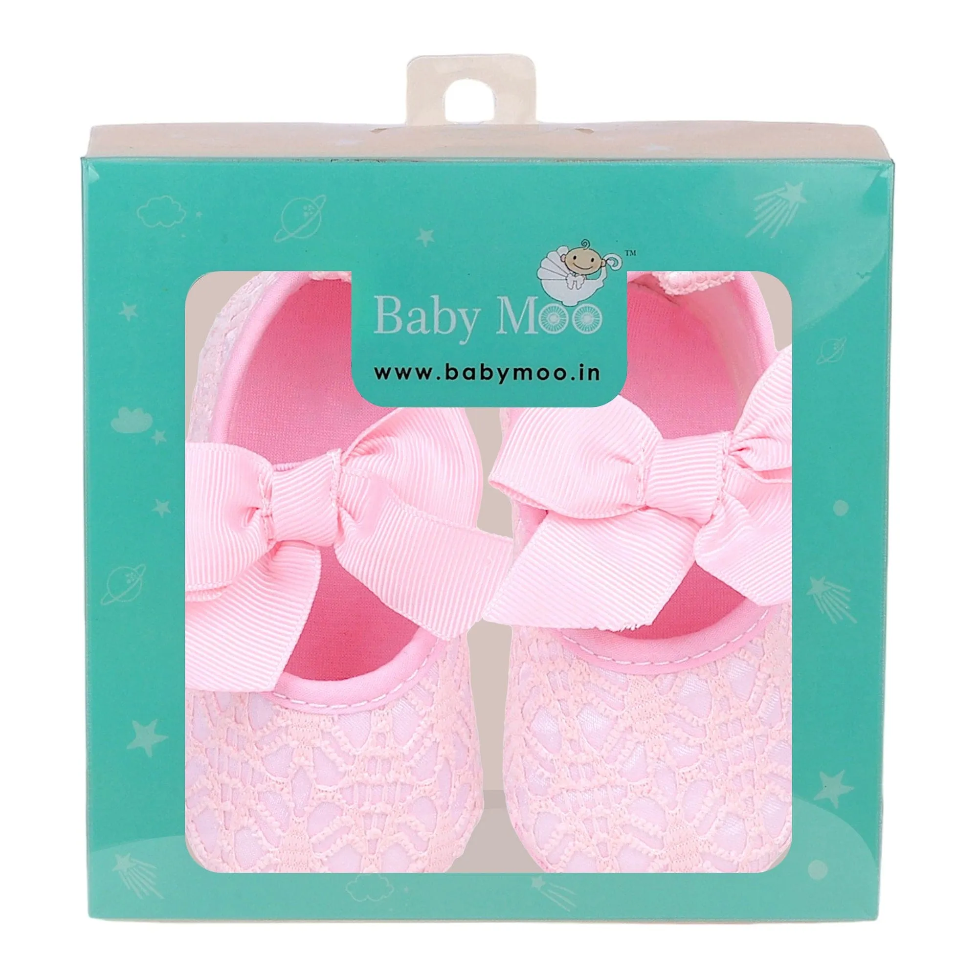 Baby Moo Big Bow Satin Lace Elastic Strap Ballerina Booties - Magenta