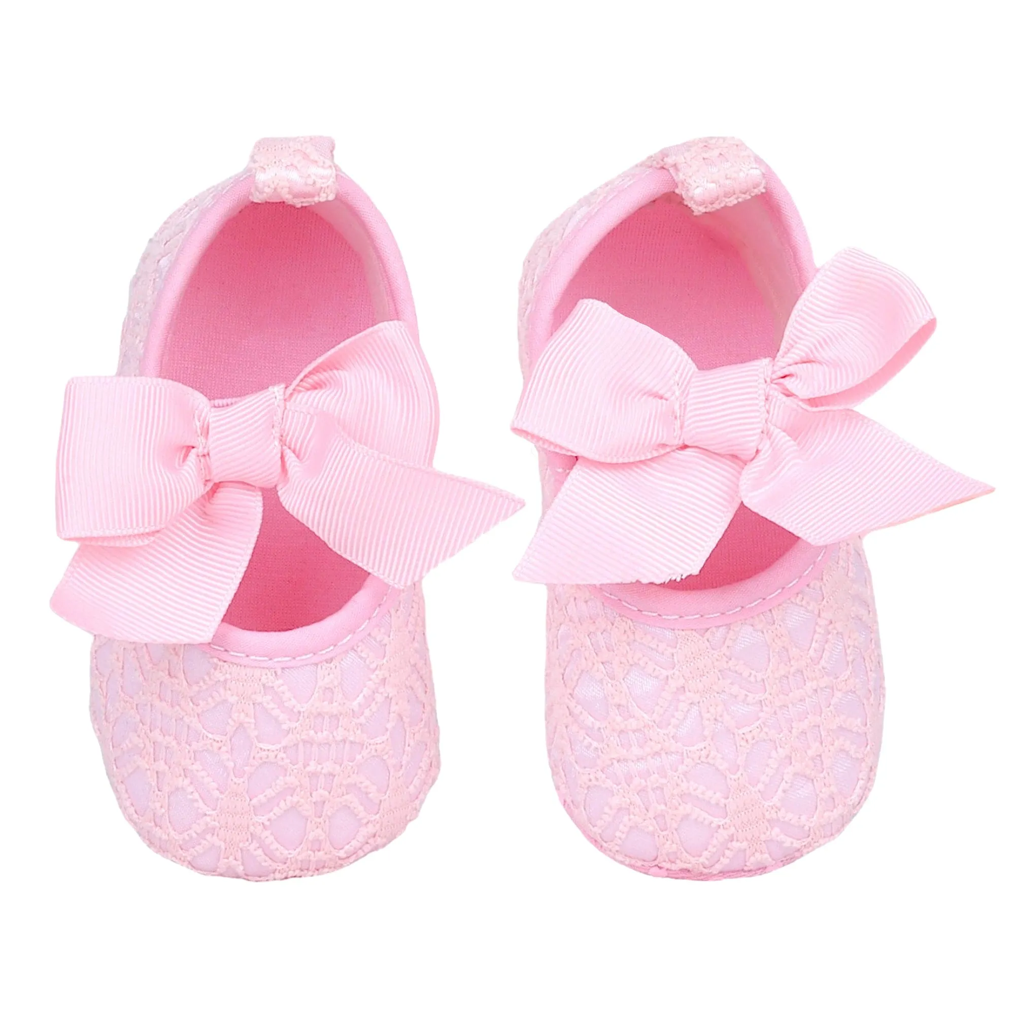 Baby Moo Big Bow Satin Lace Elastic Strap Ballerina Booties - Magenta