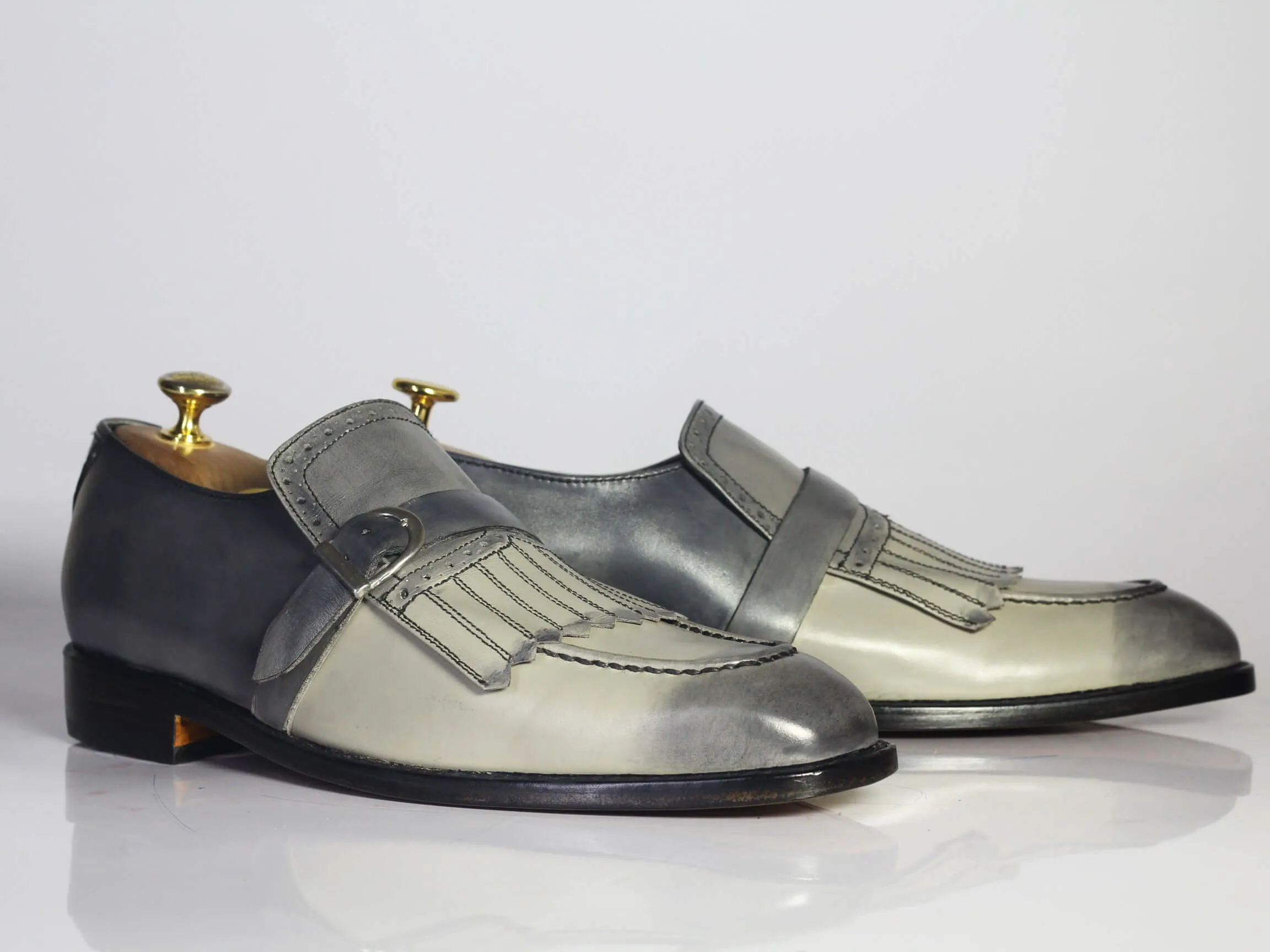 Bespoke Gray Leather Fringe Buckle Up Loafer Shoe for Men