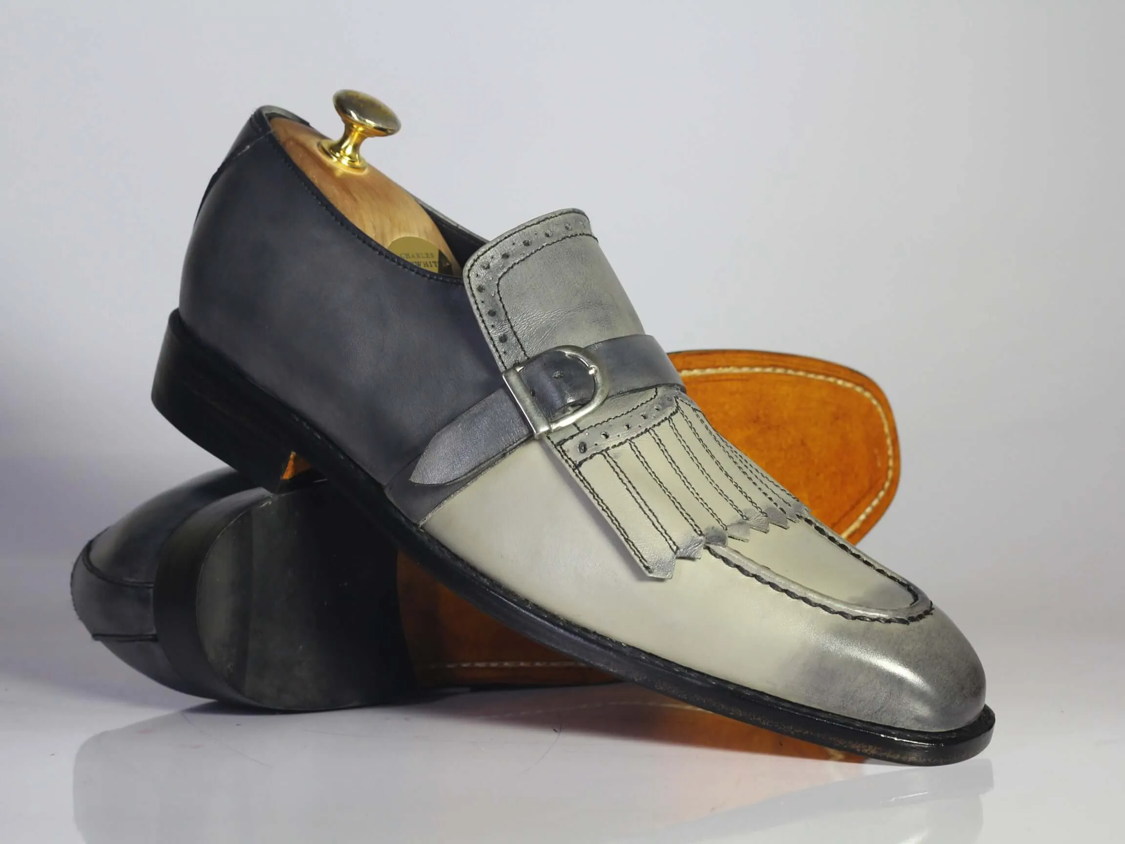 Bespoke Gray Leather Fringe Buckle Up Loafer Shoe for Men