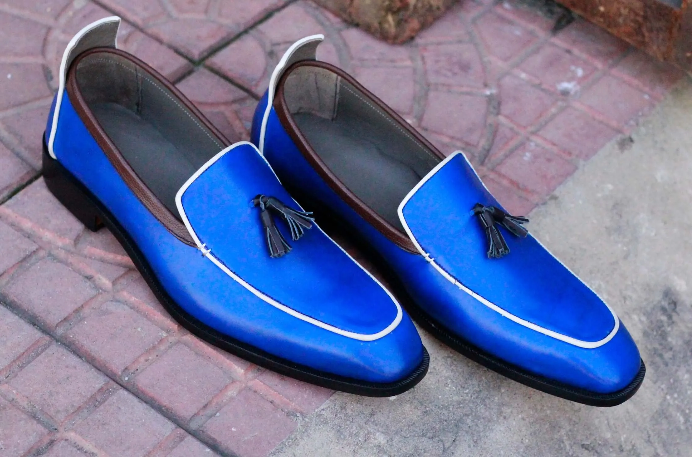 Bespoke Navy Blue Loafer Tussle Leather Shoes, For Men's