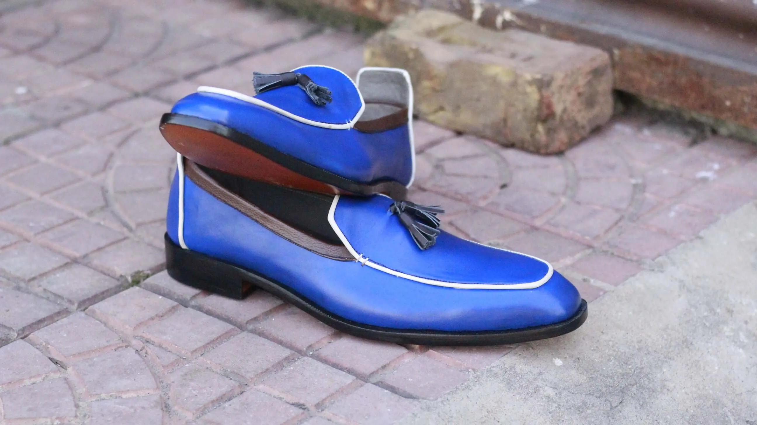 Bespoke Navy Blue Loafer Tussle Leather Shoes, For Men's