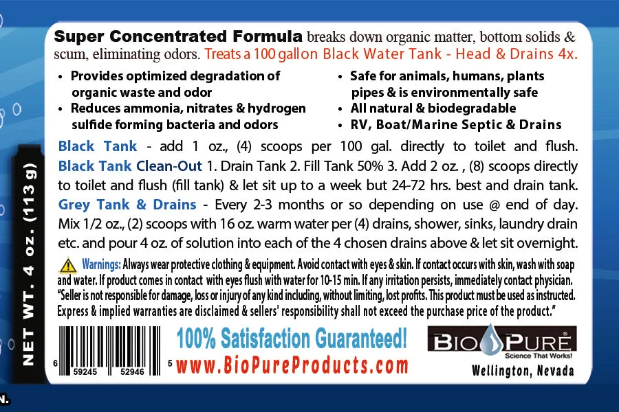 Bio-Pure Boat / Marine Septic Tank & Bilge CONCENTRATE 4 Oz. - 4 Treatments