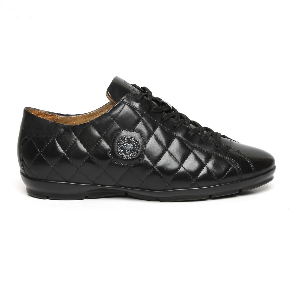 Black Diamond Stitched Leather Sneakers With Metal Lion Lace-Up Closure