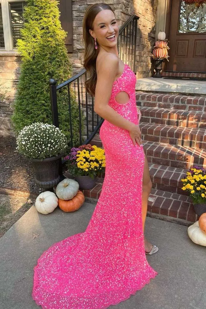 Black One Shoulder Sequin Long Party Dress,Pink Formal Evening Dresses