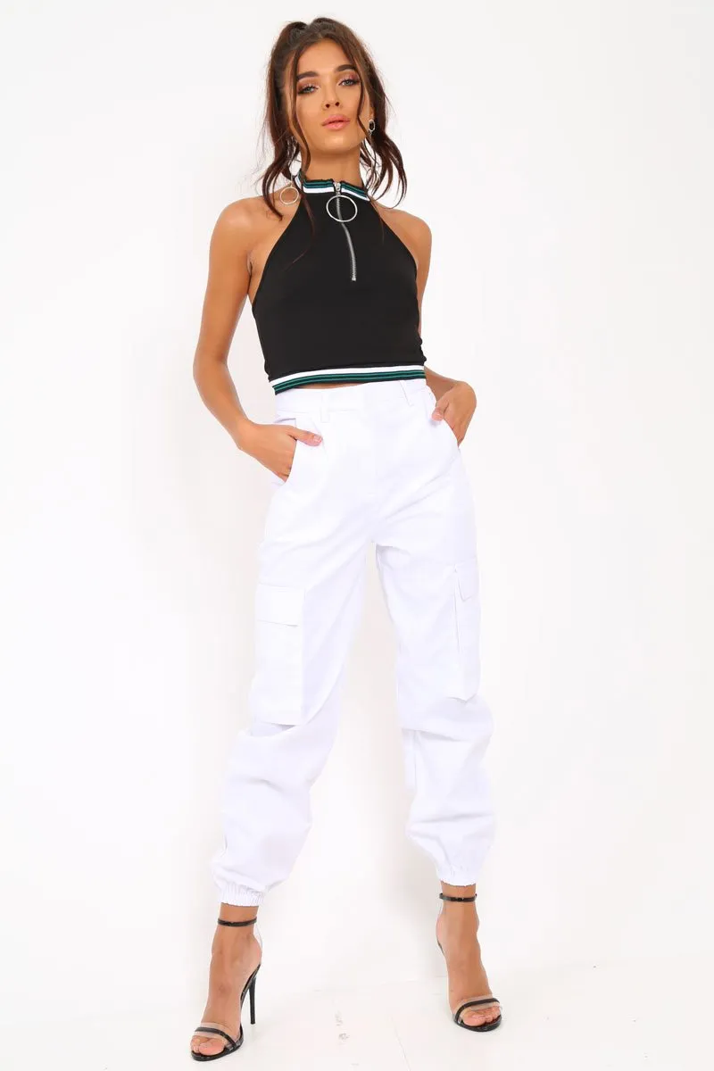 Black Ring Zip Front Halterneck Crop Top - Wessie