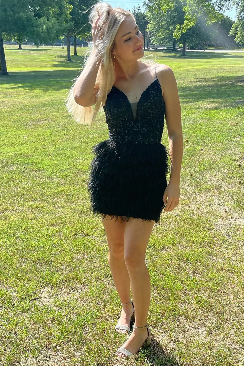 Black Sequins Tight Homecoming Dress with Feathers