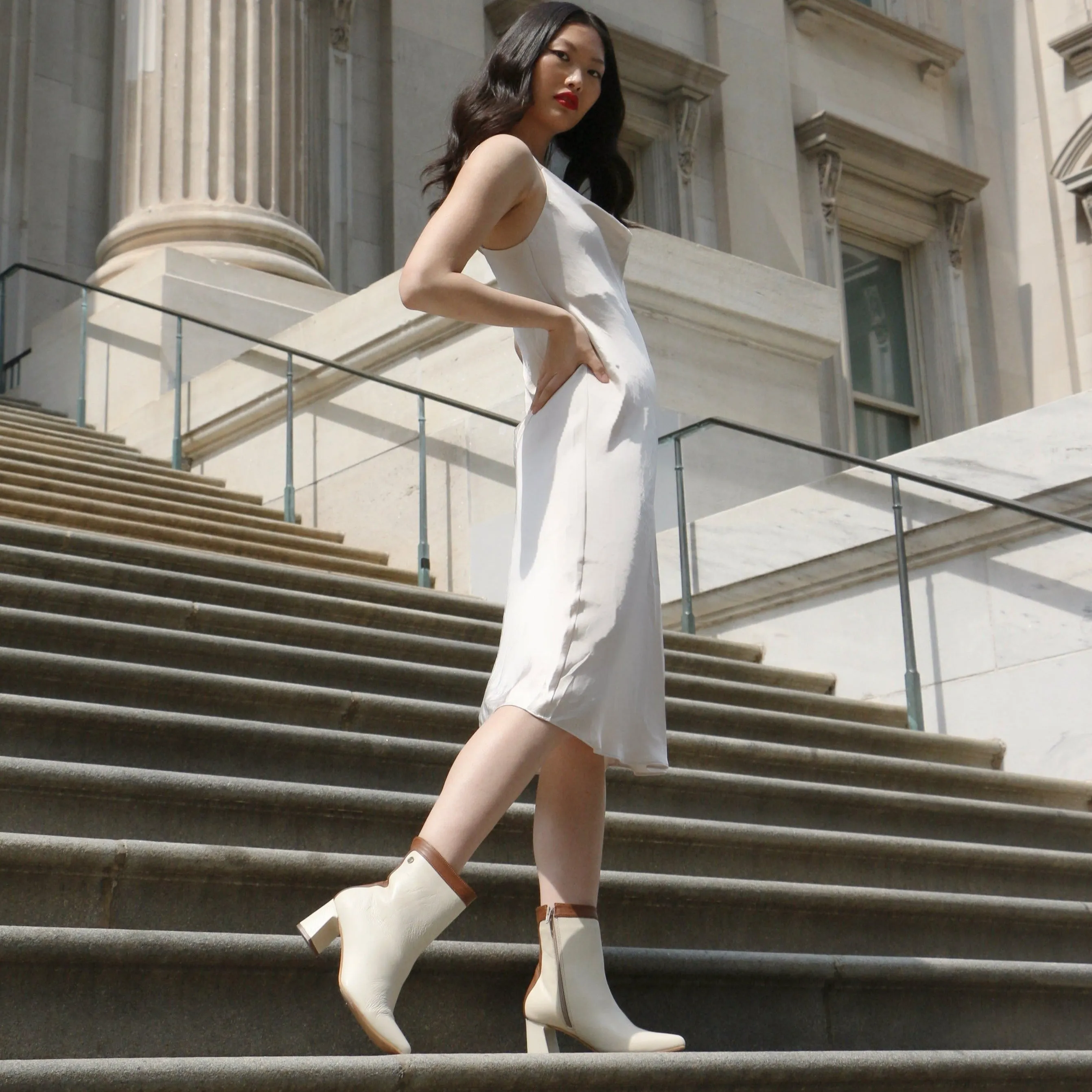 Cerise heeled ankle booties in off white/tan leather womens shoes