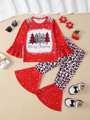 Christmas Outfits Girls Sweet Sets 2pcs, Tie Dye Pullover   Splicing Leopard Print Flare Pants Kids Gift Birthday, Outdoor Casual Activities