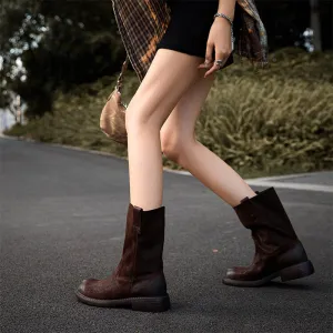 Classic Women's Cow Leather Pull On Low Heel Mid Calf Boots in Dark Brown/Black