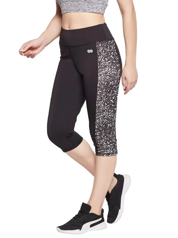 Clovia Women's Snug Fit High-Rise Active Capri in Black with Marble Print Panels (AB0094D13_Black_S)