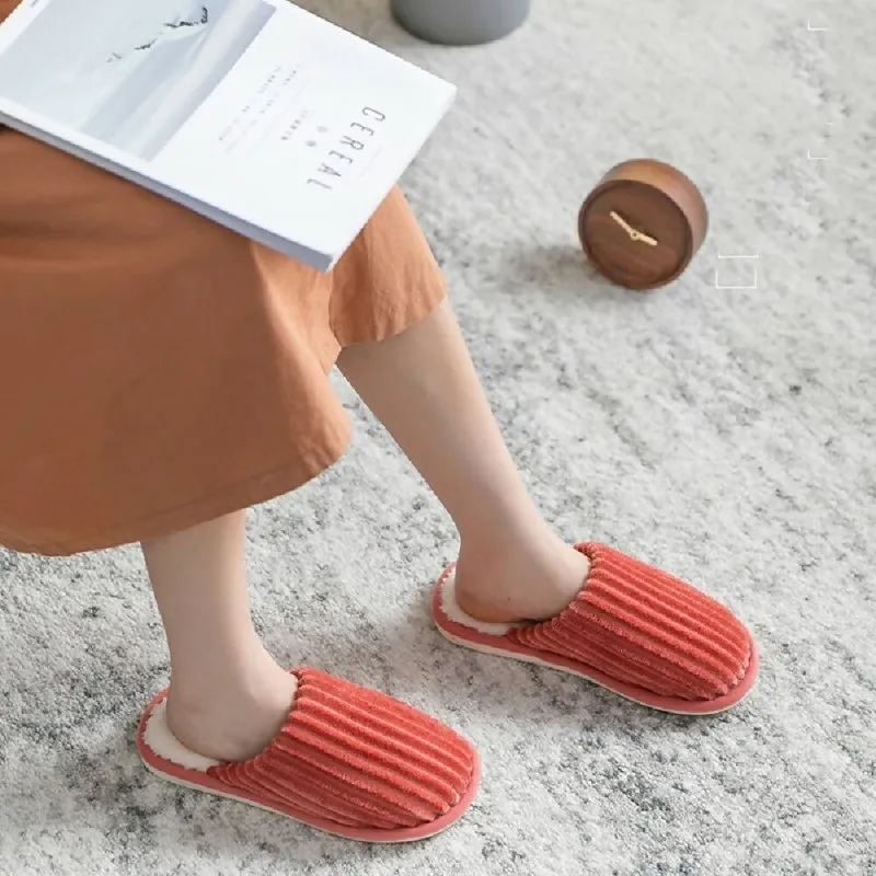 Corduroy Cotton Slippers Winter Warm Non-slip Thick Sole Slippers, Size: 36-37(Orange Pink)