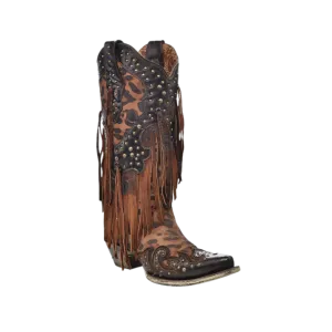 Corral Women's Leopard Print With Fringe And Studs Snip Toe Cowboy Brown Boot