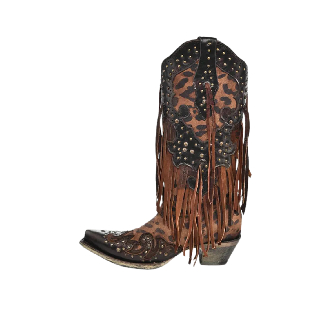 Corral Women's Leopard Print With Fringe And Studs Snip Toe Cowboy Brown Boot