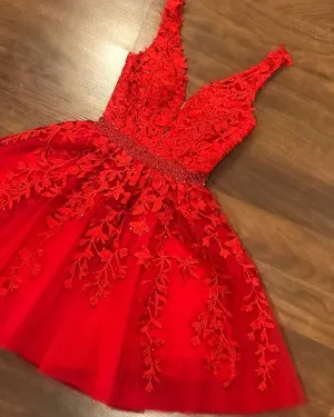 Cute Short V-neck Red Lace Prom Dresses Beaded Graduation Dress