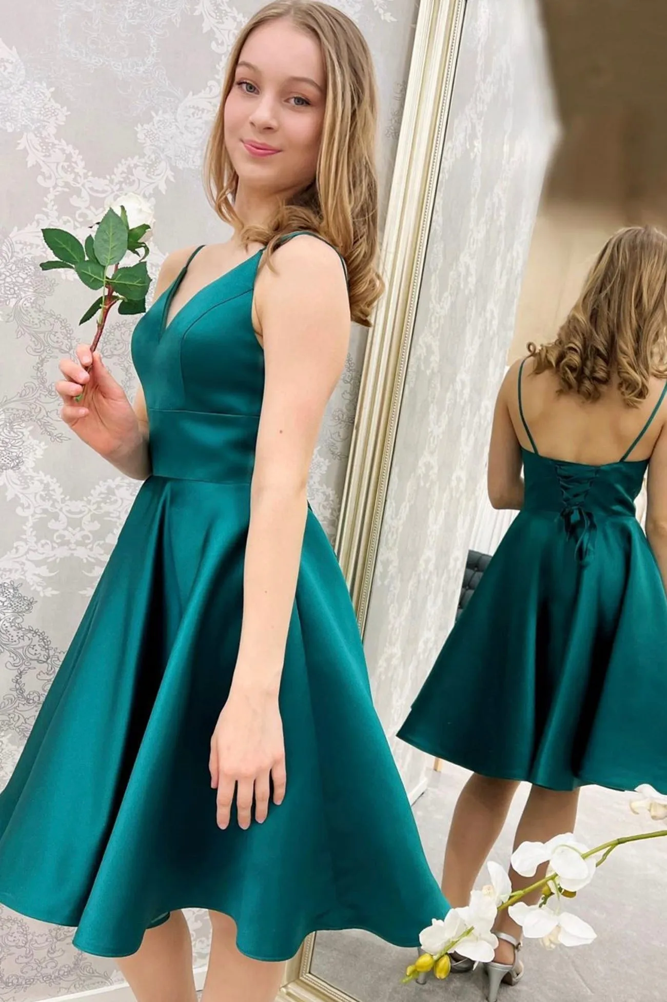 Cute V-Neck Satin Short Prom Dress, A-Line Cocktail Dresses