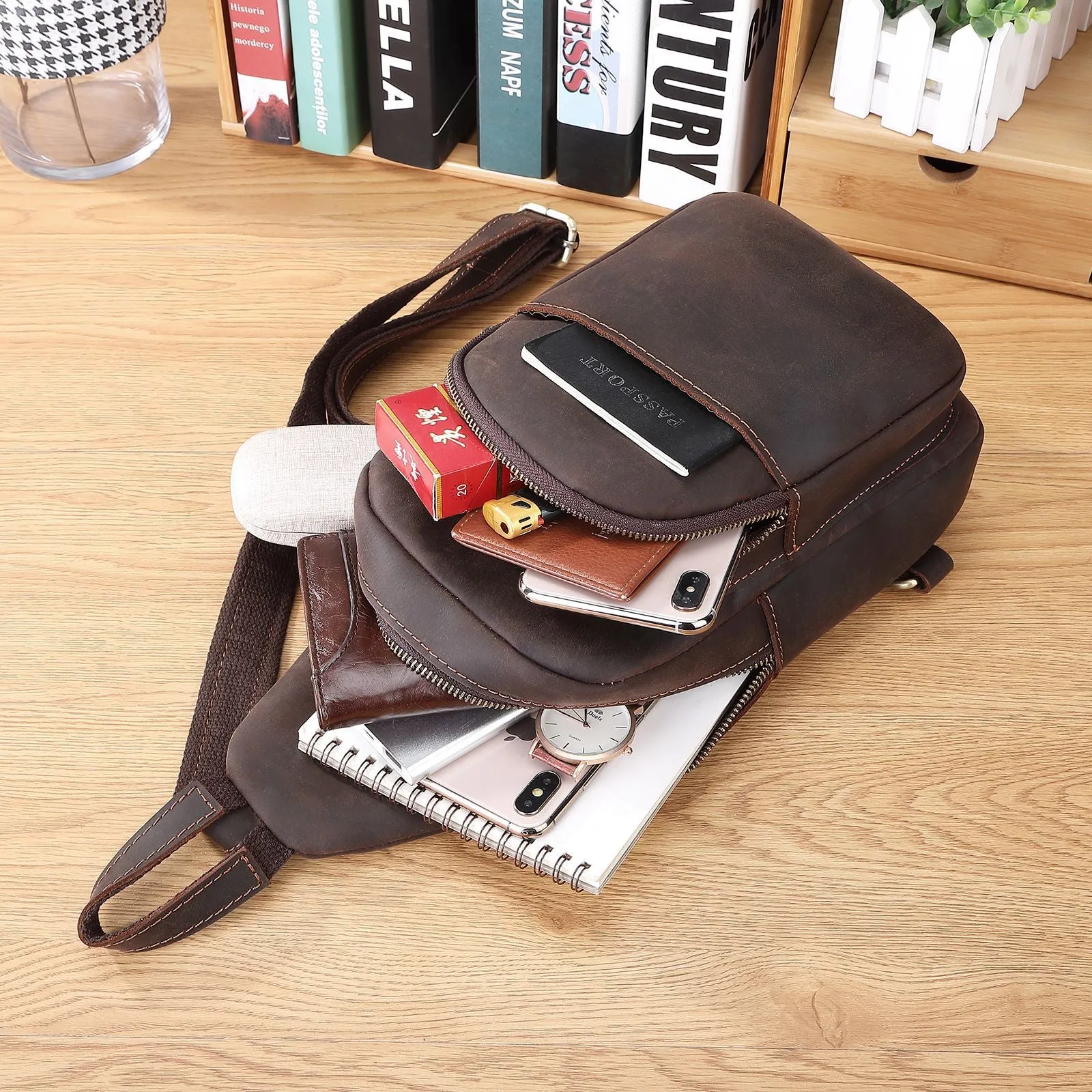 DUNNMALL One Piece Dropshipping Crazy Horse Leather Men's Chest Bag European and American Retro Shoulder Messenger Bag Outdoor Cowhide Casual Backpack