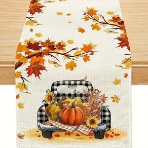 Fall Harvest Pumpkin Truck Table Runner - Seasonal Buffalo Plaid Table Decor for Indoor Outdoor Dining Tables - Thanksgiving Holiday Decorations for Home Fall Decorations