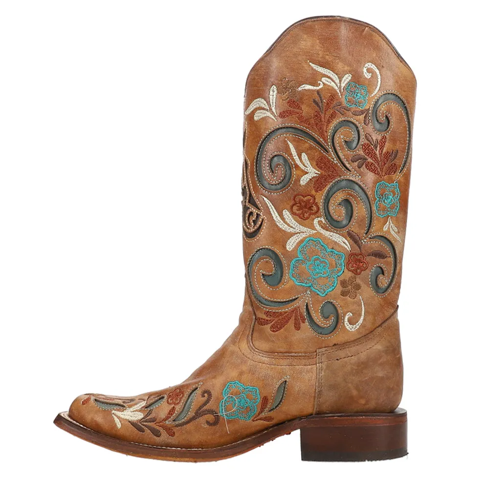 Floral Inlay Embroidered Iridescent Square Toe Cowboy Boots.