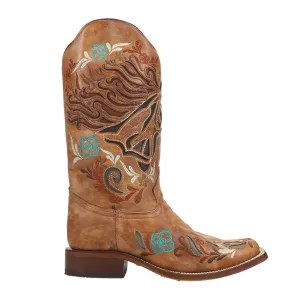 Floral Inlay Embroidered Iridescent Square Toe Cowboy Boots.