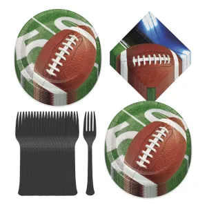 Football Party Supplies - Football Phrase Paper Dessert Plates, Game Play Beverage Napkins, and Forks (Serves 16)