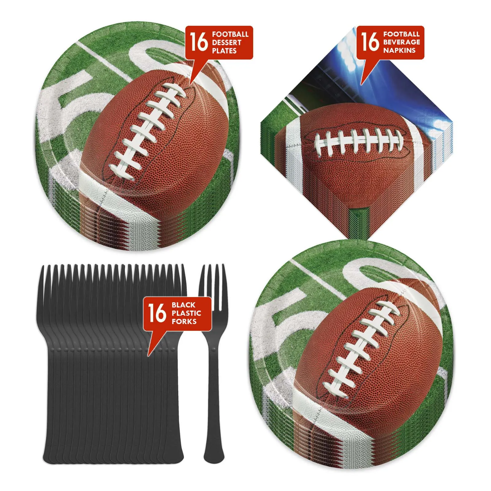 Football Party Supplies - Football Phrase Paper Dessert Plates, Game Play Beverage Napkins, and Forks (Serves 16)