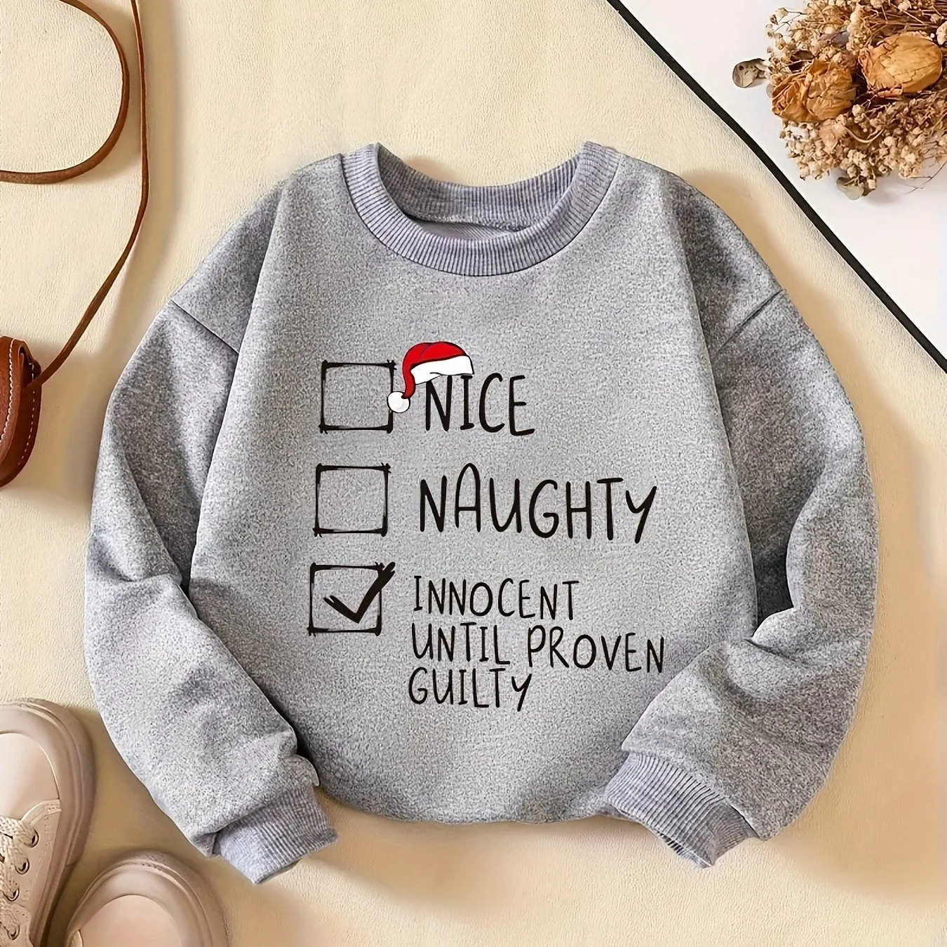 Girls' Festive "Nice & Naughty" Print Long Sleeve Sweatshirts - Soft, Comfy, Versatile, and Casual Winter Tops for Outdoor Activities - Perfect for Fall and Winter Seasons