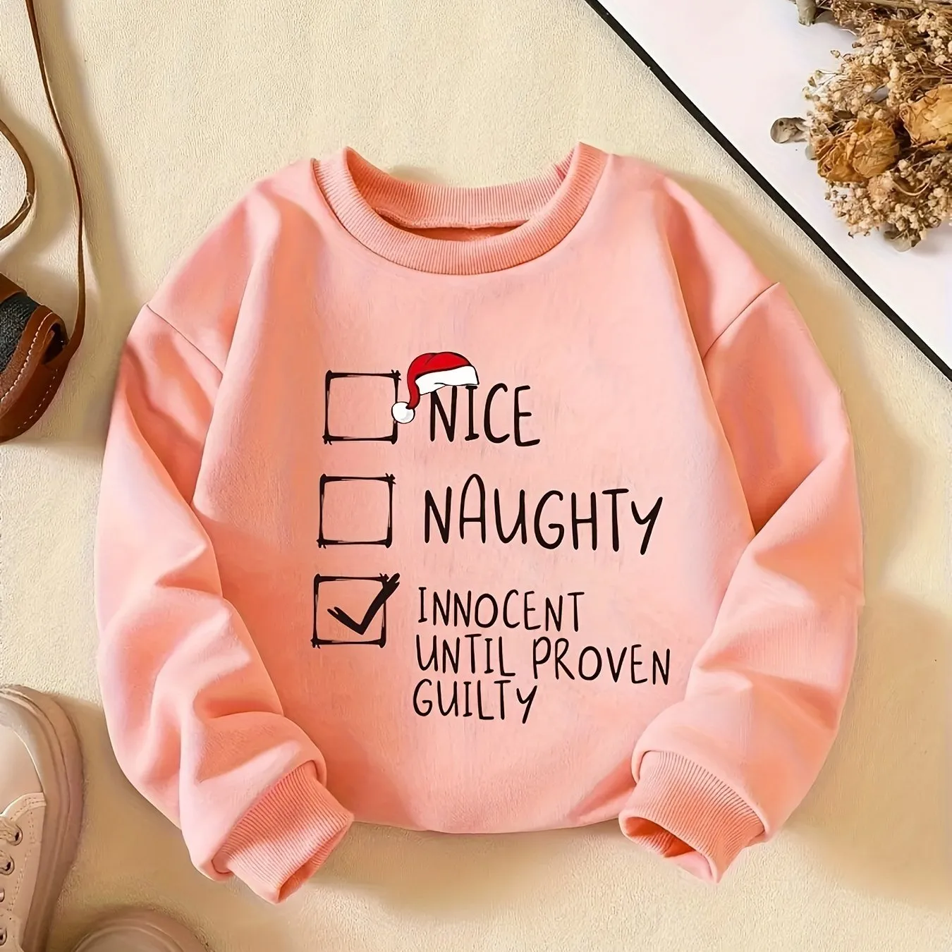 Girls' Festive "Nice & Naughty" Print Long Sleeve Sweatshirts - Soft, Comfy, Versatile, and Casual Winter Tops for Outdoor Activities - Perfect for Fall and Winter Seasons